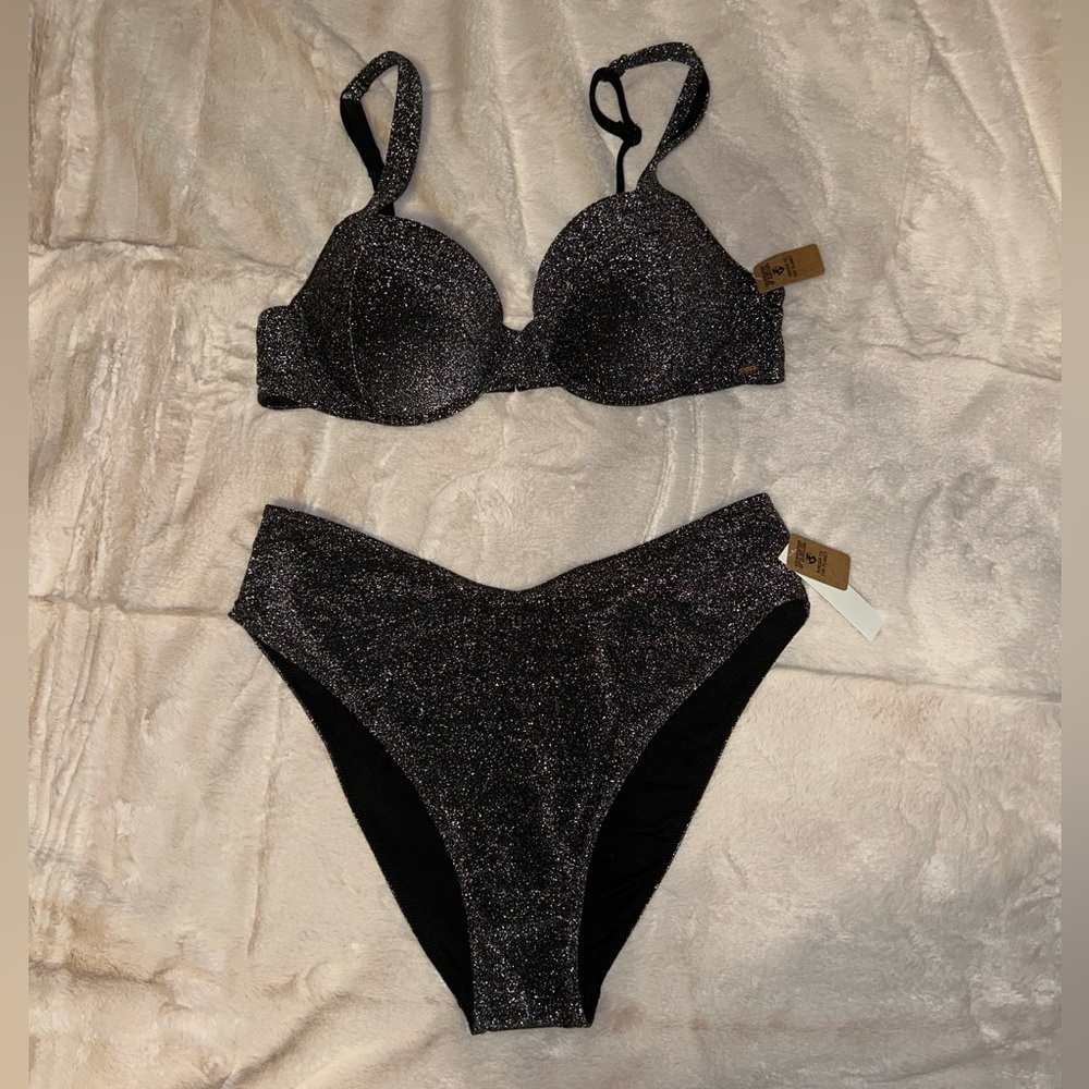 PINK Victoria’s Secret black and metallic bikini, size large